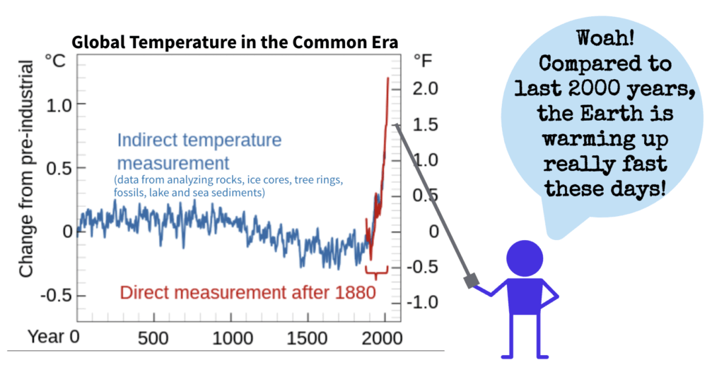 Graph that shows that the Earth's global temperatures have increased rapidly compared to the previous 2000 years.