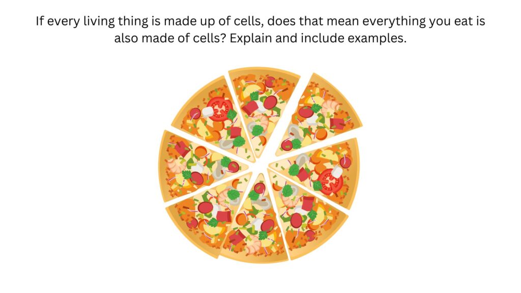 Pizza: If every living thing is made up of cells, does that mean everything you eat is also made of cells? Explain and include examples.