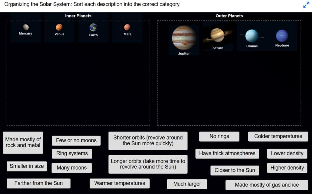 Sort characteristics of Inner and Outer Planets