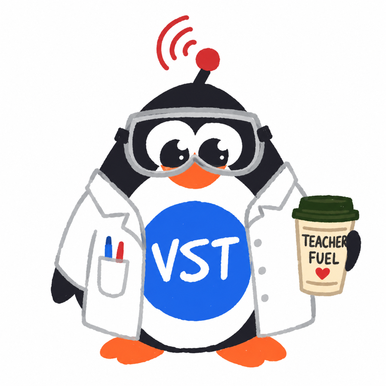 VST teacher penguin holding a Teacher Fuel coffee cup