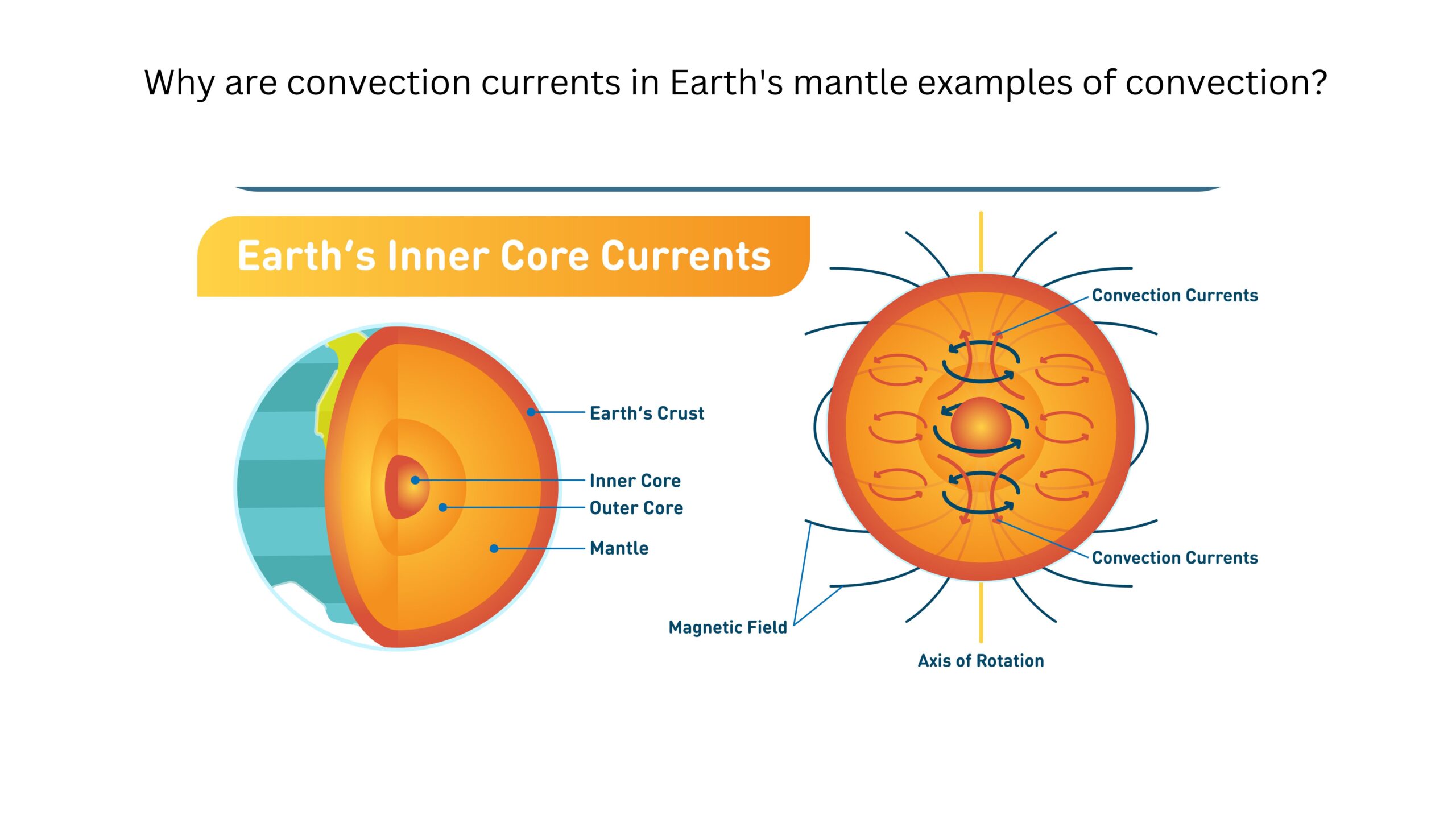 Why are convection currents in Earth’s mantle examples of convection? Diagrams show Earth’s crust, mantle, outer core, and inner core. Looping arrows represent circulating material inside Earth.