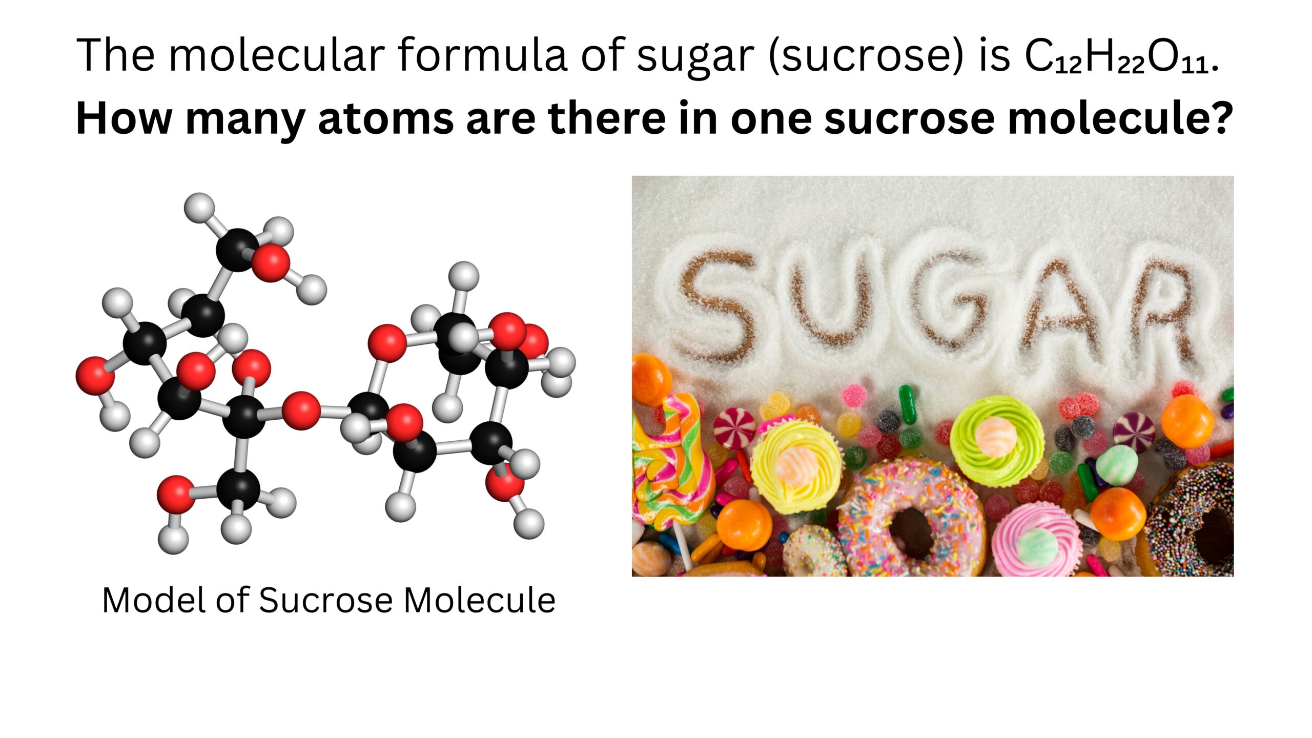 The molecular formula of sugar, or sucrose, is C12H22O11. How many atoms are in one sucrose molecule? The slide shows a molecular model of sucrose and the word “sugar” formed in granulated sugar above assorted sweets.