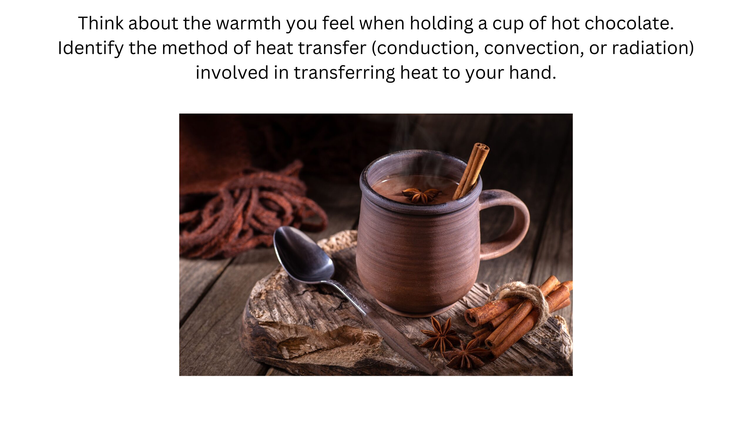 Think about the warmth you feel when holding a cup of hot chocolate. Identify whether conduction, convection, or radiation transfers heat to your hand. A steaming mug of hot chocolate sits beside cinnamon sticks and a spoon.