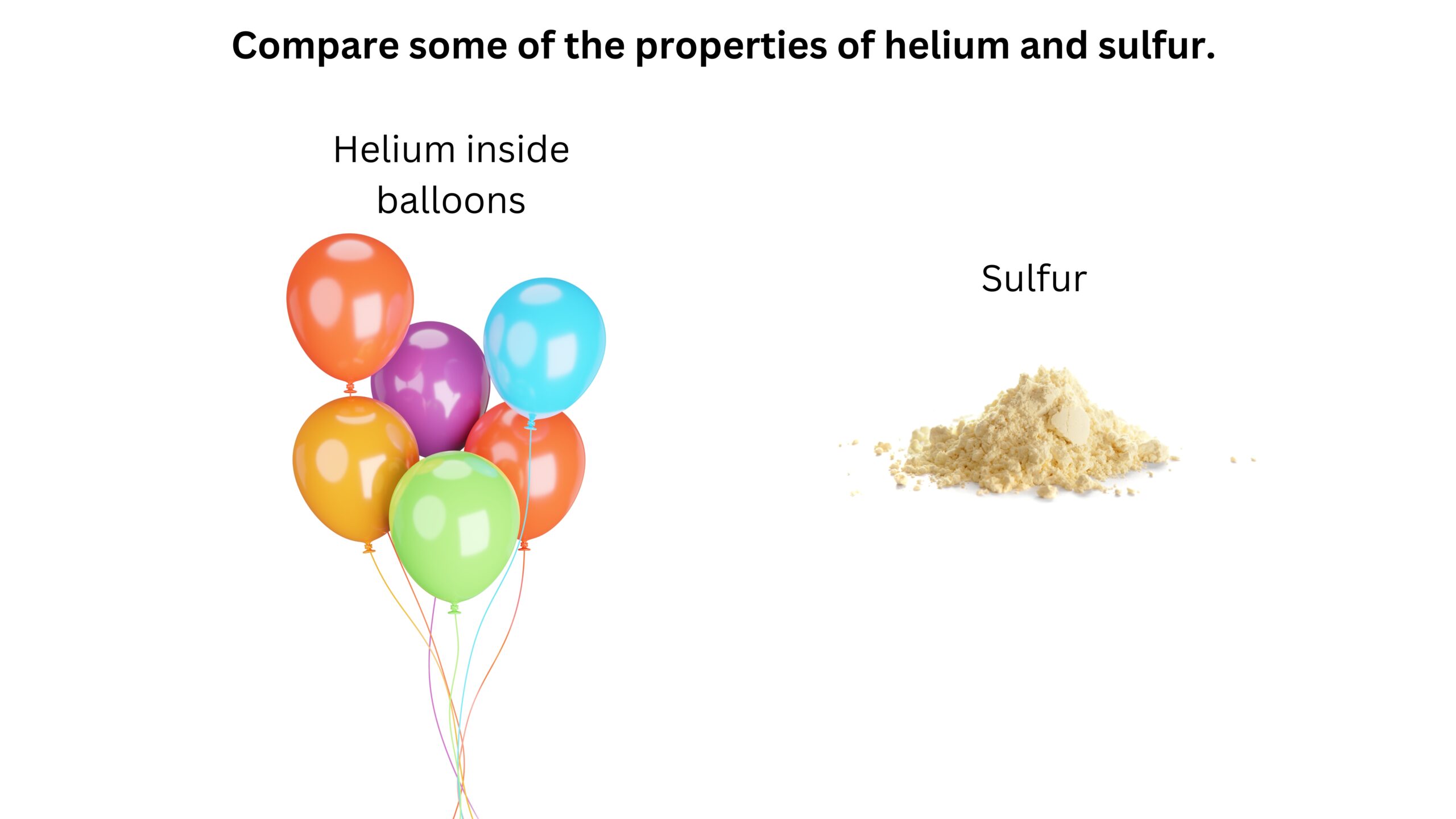 Compare some of the properties of helium and sulfur. Colorful balloons filled with helium are shown beside a pile of pale yellow sulfur powder.