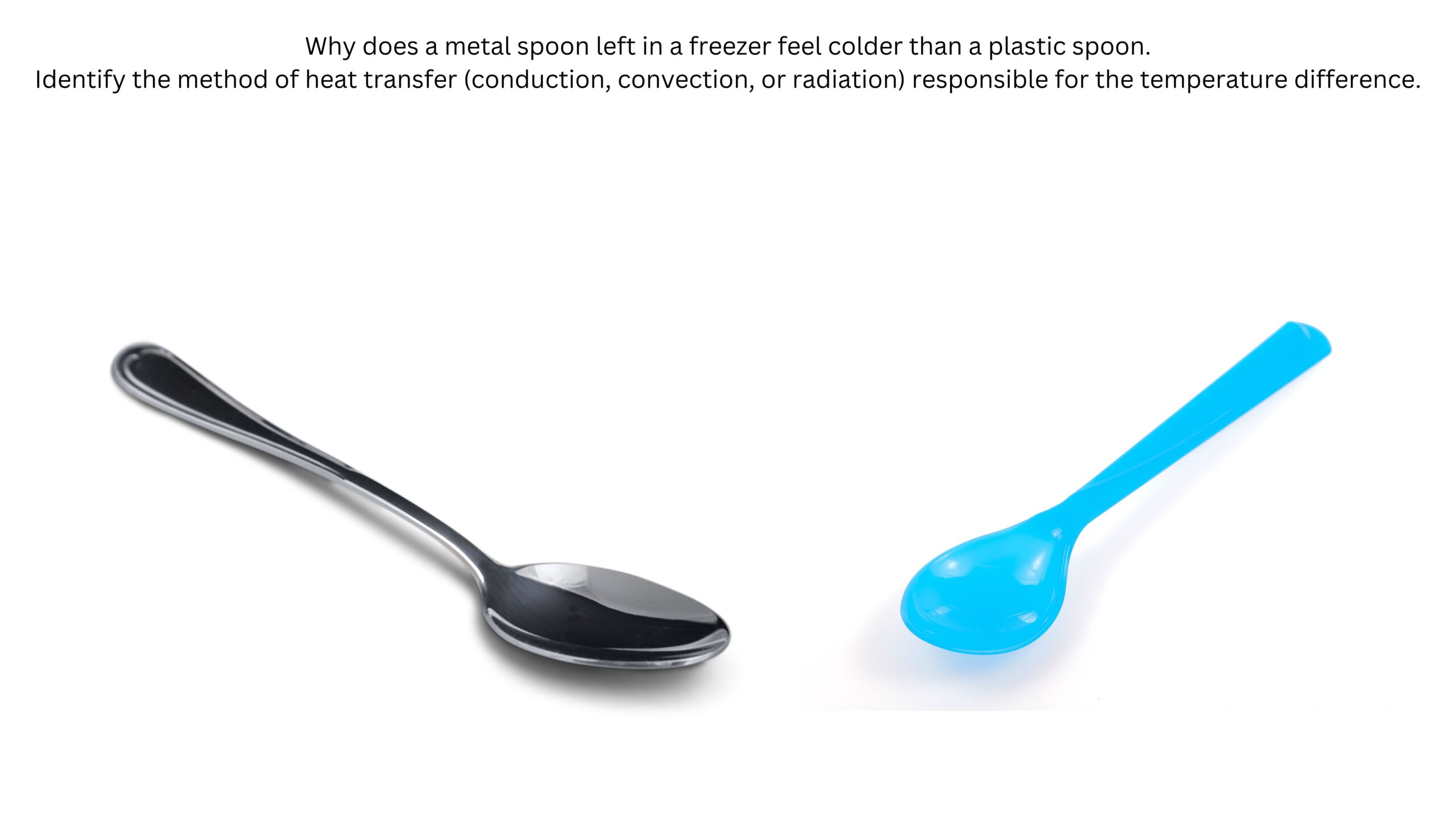 Why does a metal spoon left in a freezer feel colder than a plastic spoon? Identify whether conduction, convection, or radiation is responsible for the difference. A metal spoon and a blue plastic spoon are shown side by side.