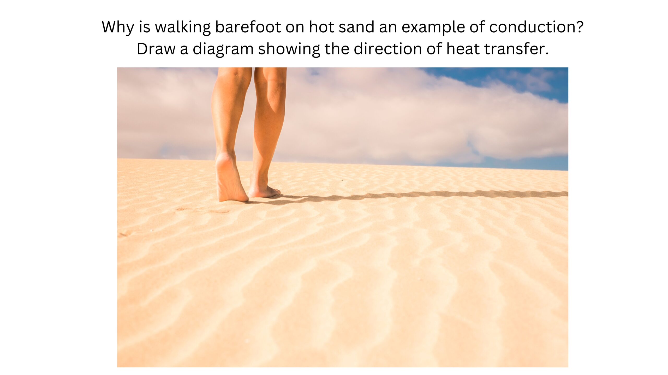 Why is walking barefoot on hot sand an example of conduction? Draw a diagram showing the direction of heat transfer. Bare feet are walking across sunlit sand.