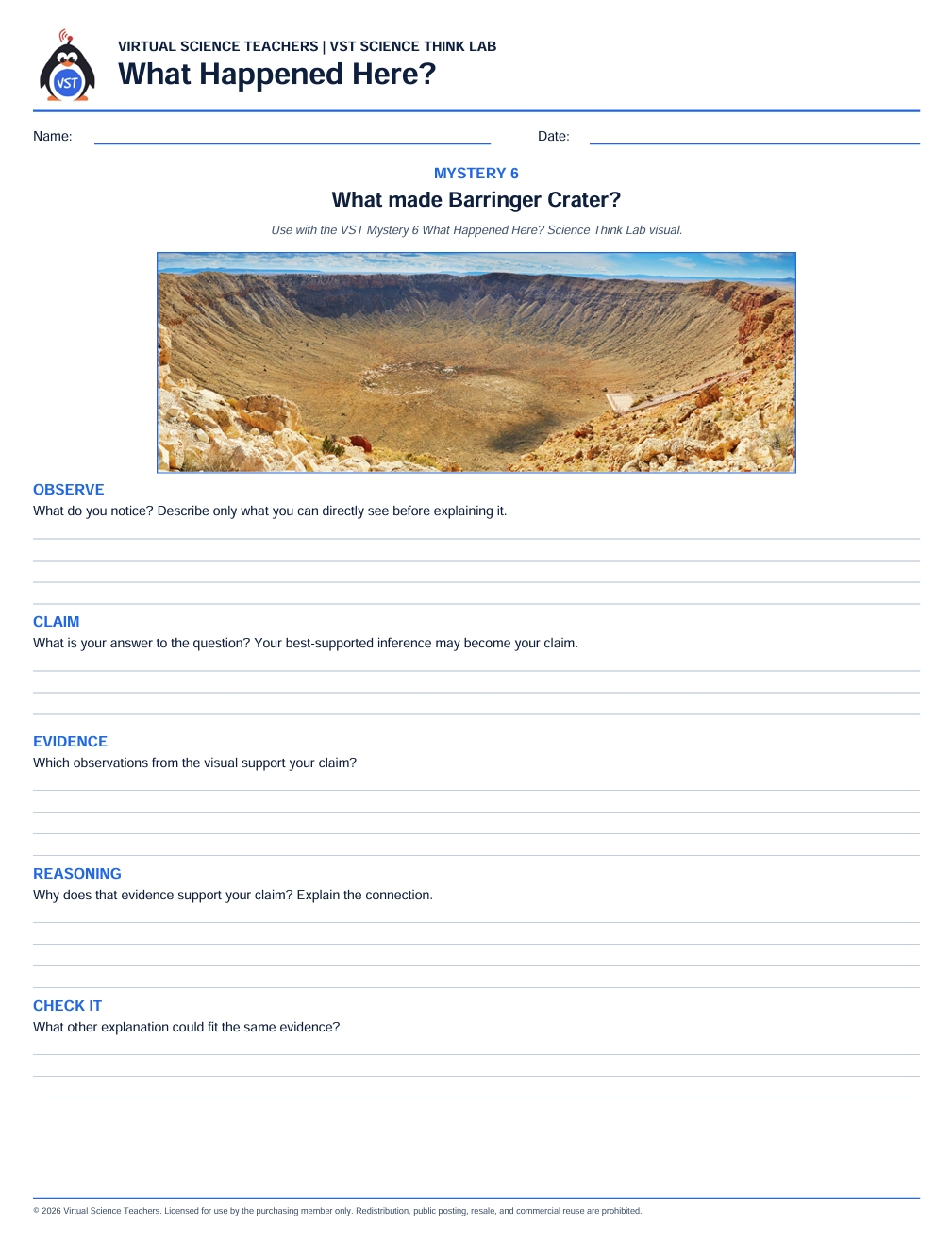 Preview of a What Happened Here Science Think Lab asking students to explain what made Barringer Crater