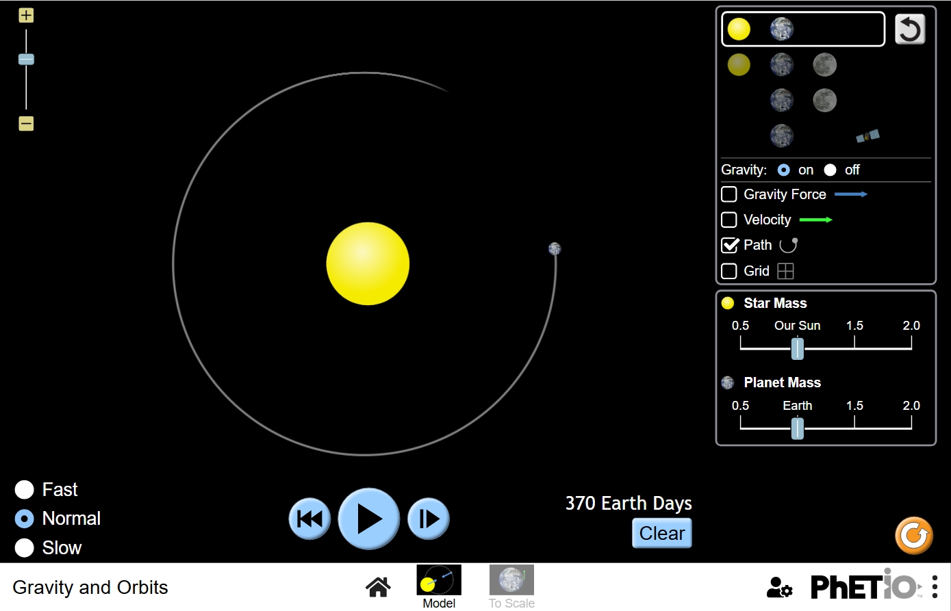 Gravity and Orbits PhET simulation screenshot