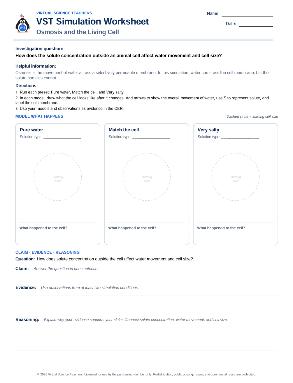 Preview of the Osmosis and the Living Cell simulation worksheet with three cell-modeling conditions and written reasoning prompts
