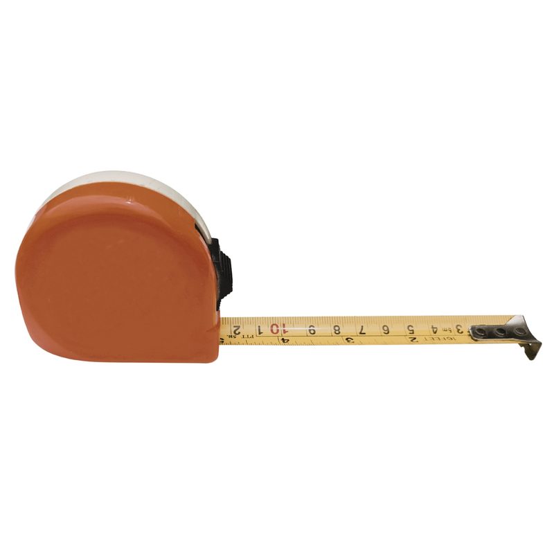 An orange measuring tape extended showing metric markings