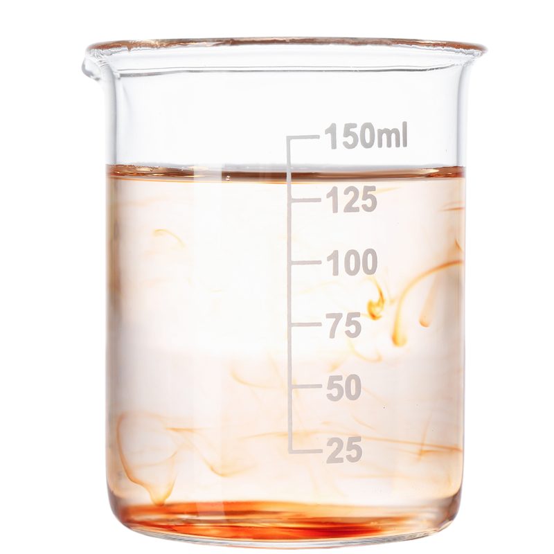A glass laboratory beaker with approximate volume markings