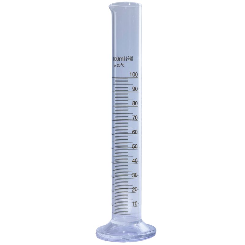 A glass graduated cylinder with mL measurement markings