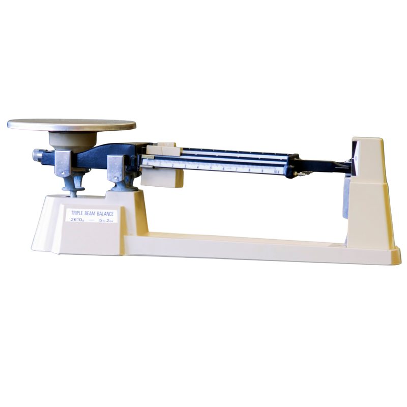A triple beam balance with three sliding beam riders